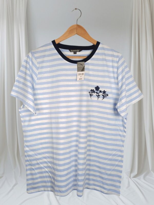 Blue Stripe Embroidered Flower Logo Crew Neck T shirt - Image 3