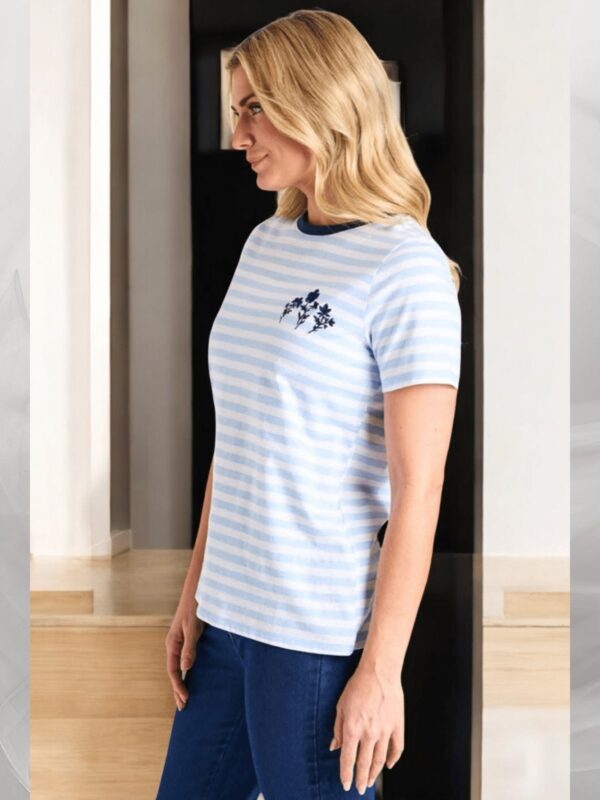 Blue Stripe Embroidered Flower Logo Crew Neck T shirt - Image 2